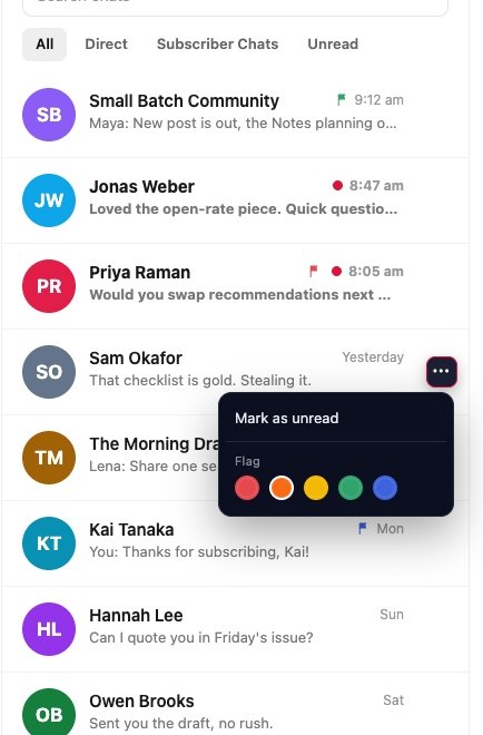 Substack chat list with bold unread rows, red dots, flags and the Lathe menu open