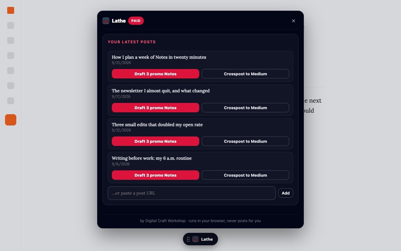 The Lathe widget on a Substack page: your latest posts, each with Draft 3 promo Notes and Crosspost to Medium