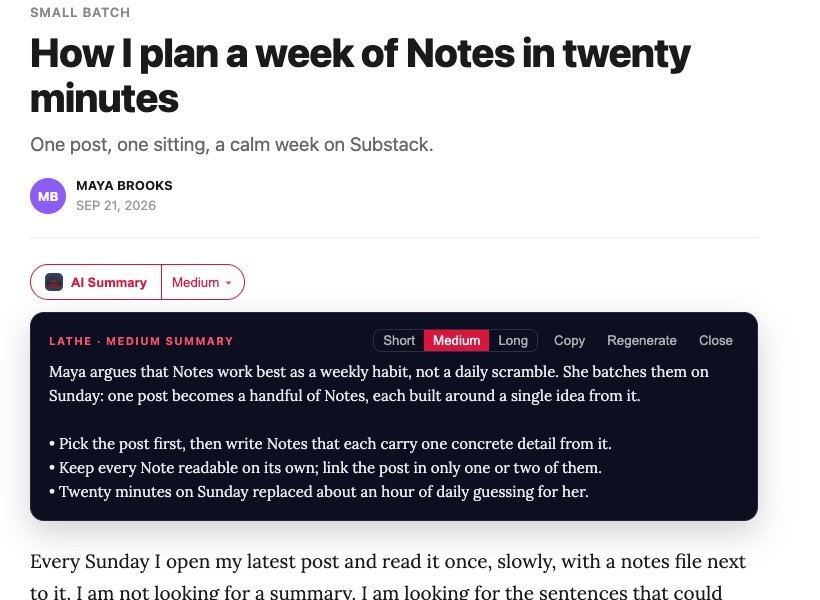 A Substack post with the Lathe AI Summary panel above the text